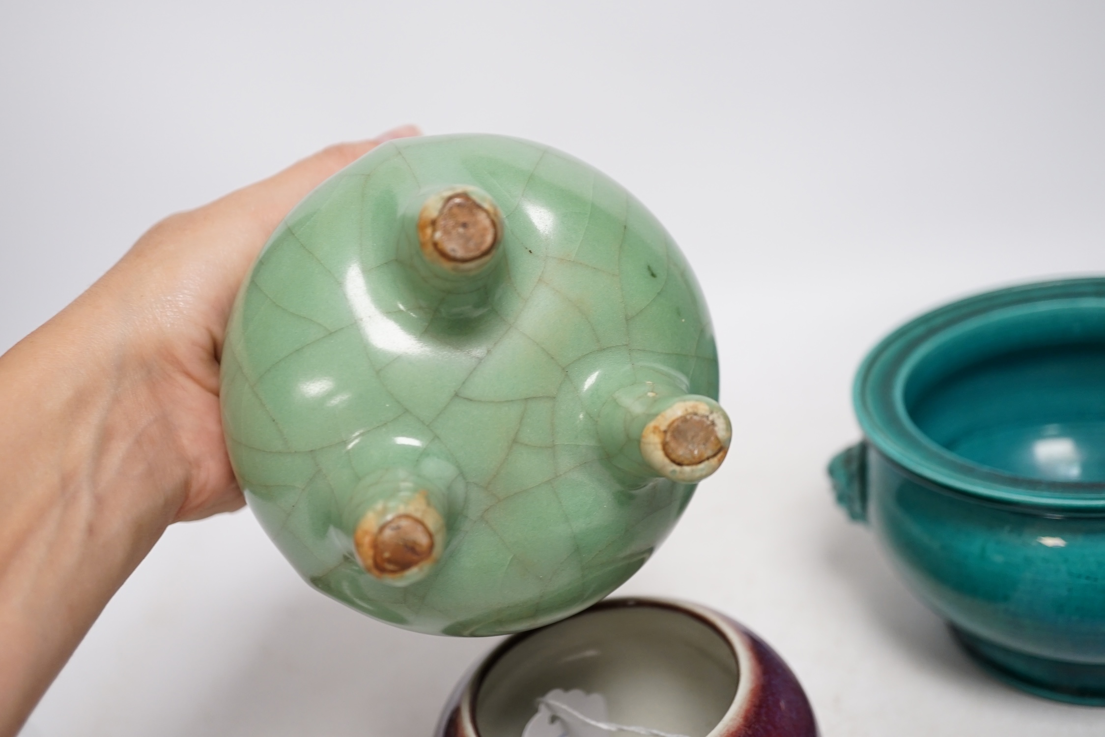 A Chinese Jun type bud vase, a crackle glaze incense burner, and three other items, largest 12cm high. Condition - fair to good